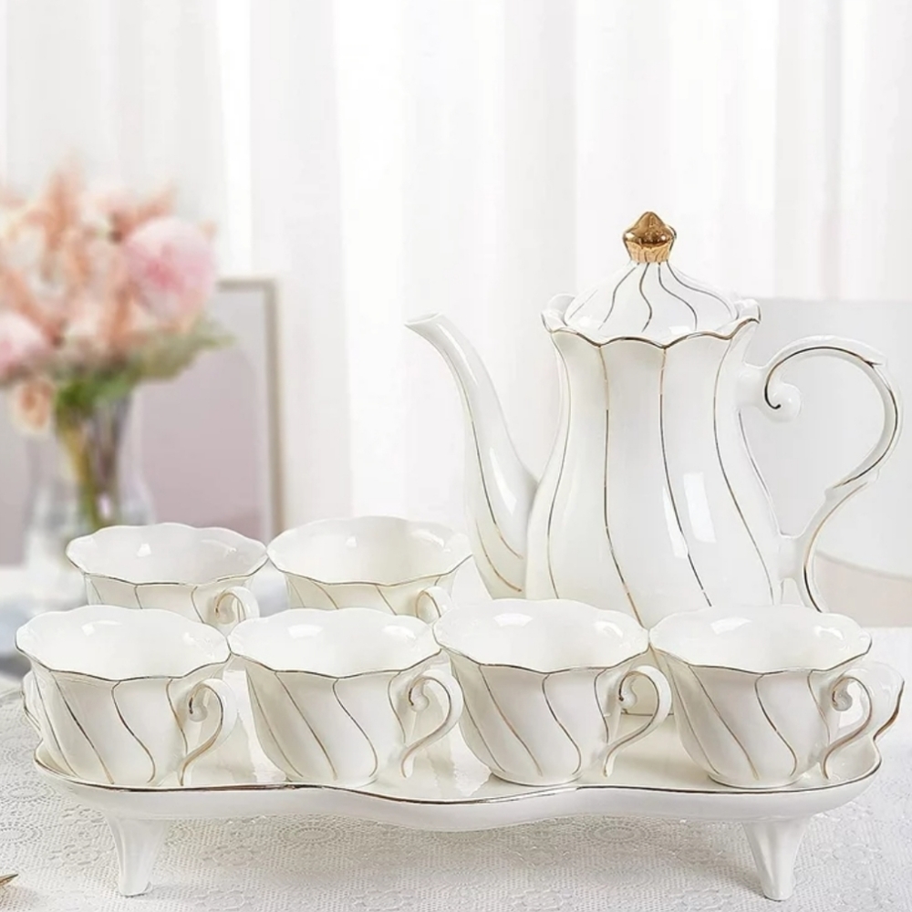 14 pcs Tea Set for 6 with Tea Tray & Spoons, Luxury British Style Tea/Coffee Cup